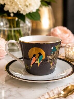 Sara Miller London Portmeirion Chelsea Teacup & Saucer Love Birds Dark Grey Gold